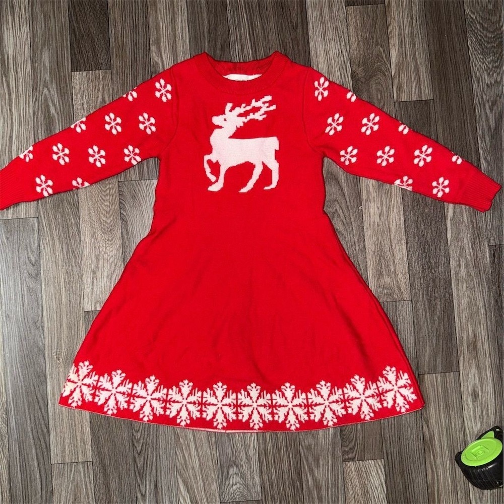 Smiling Pinker Girl Christmas Red Sweater Dress M Reindeer Snowflake double knit